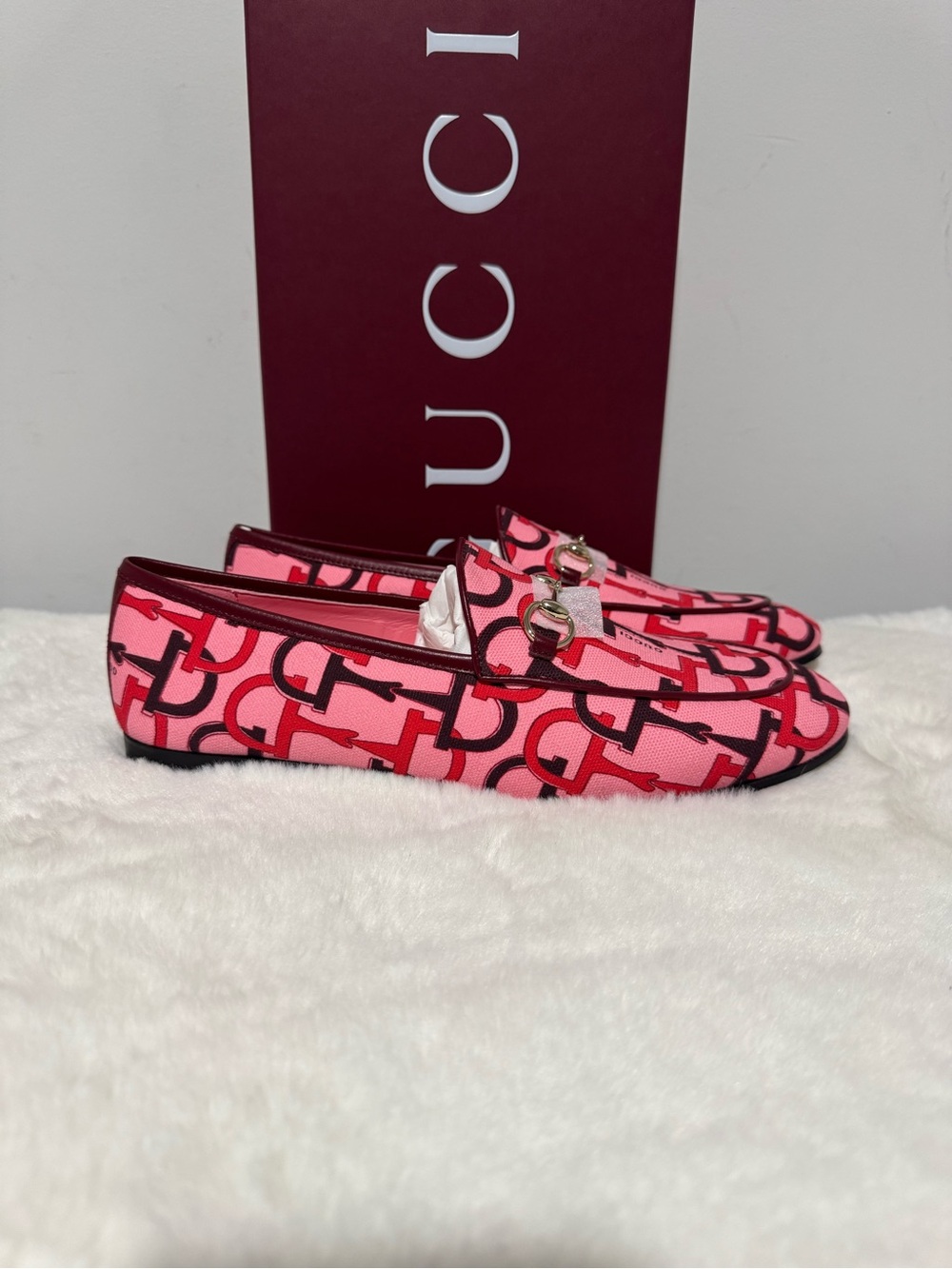 Gucci Pink and Red Logo Jacquard Horsebit Loafers